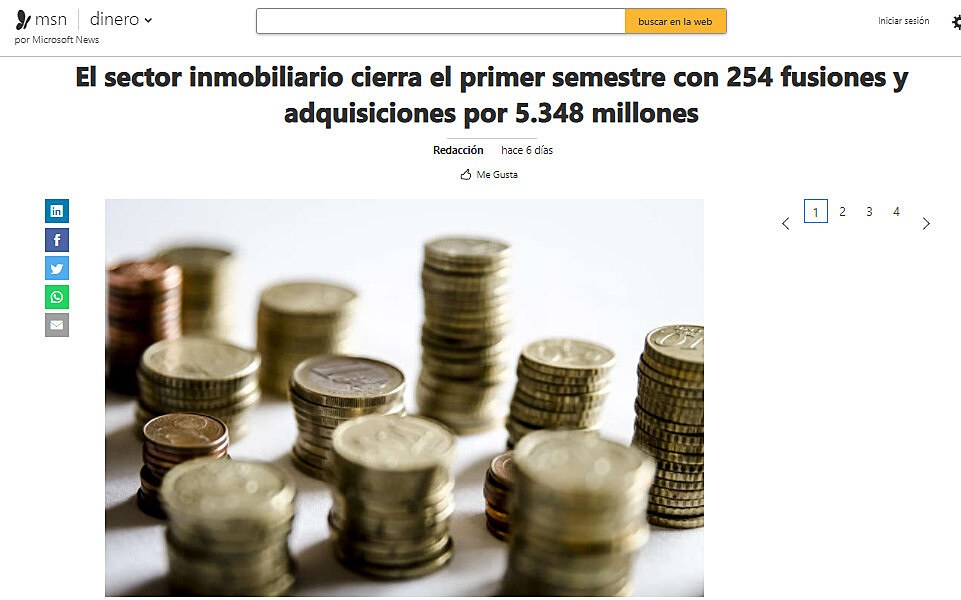 El sector inmobiliario cierra el primer semestre con 254 fusiones y adquisiciones por 5.348 millones